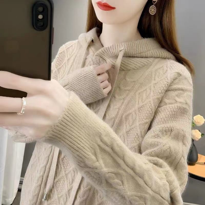 

Женский свитер с капюшоном, с полосками в рубчик, новая модная модель осени и зимы, ленивый стиль, повседневный вязаный кардиган, свободная женская одежда One size абрикосовый