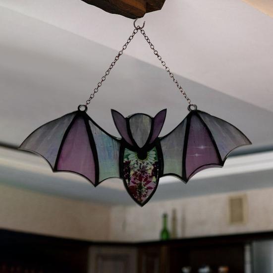 Bat Stained Glass Sun Catcher Translucent Window Hanging Decoration Handmade Acrylic Wall Art Light Catcher for Halloween Home Decor