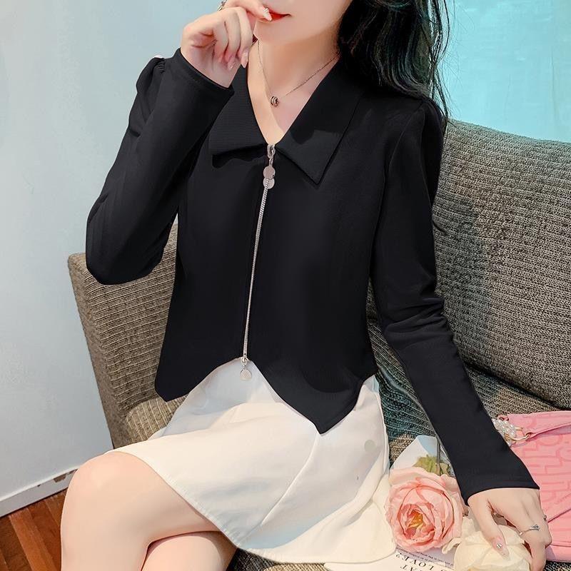 

2025 Slimming V-Neck Petite Color Block Puff Sleeve Top - Korean Style Chic for Spring & Autumn S for 75-90 jin