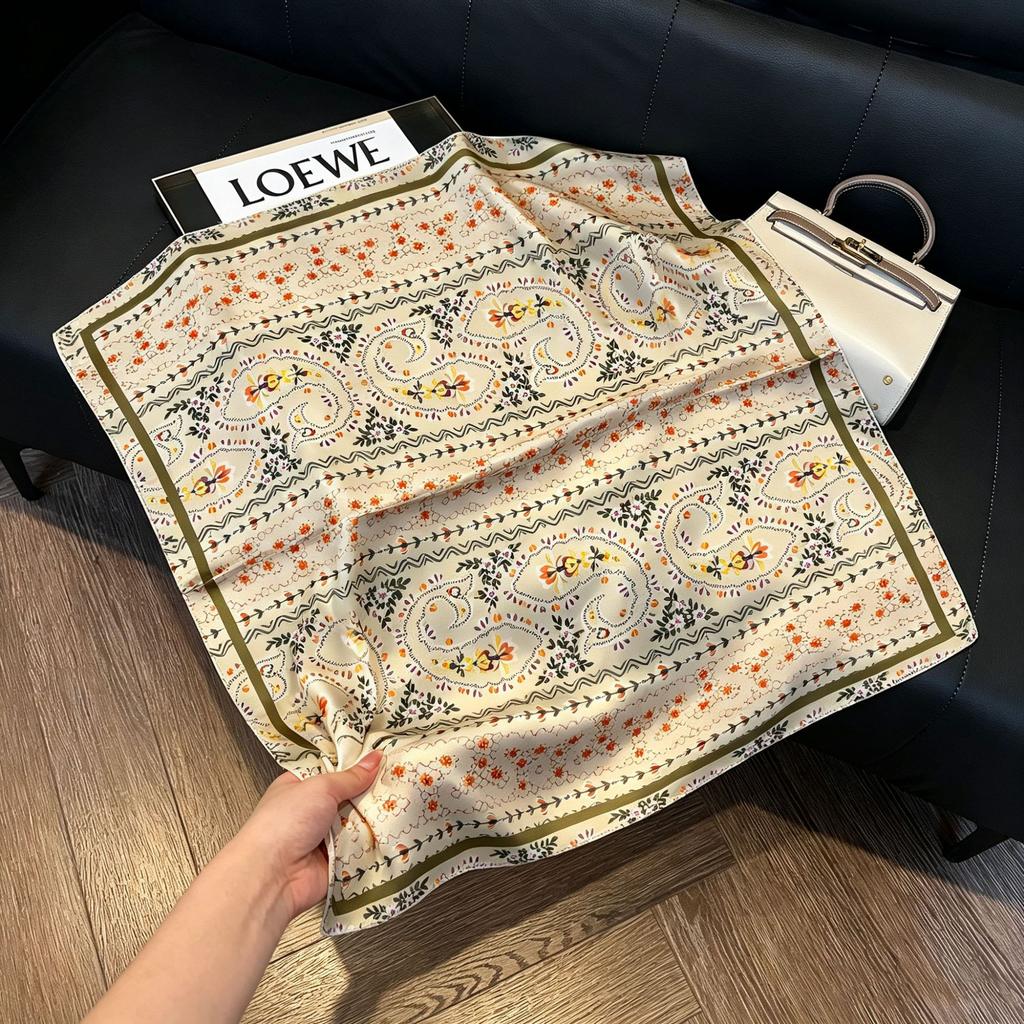 71Cm New Chinese Simulation Silk Square Scarf Soft and Skin-friendly Ink Flower Rhyme Printing Silk Scarf Neck Sunscreen Small Scarf