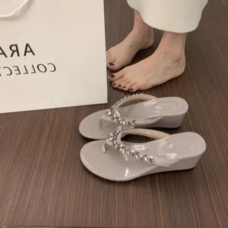 Fashion French Style Purple Thong Thick Heel Sandals Women's Summer Outdoor Beach Slippers Open Toe Comfortable Flip Flops