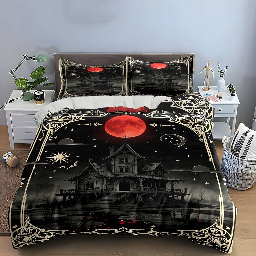 Haunted House, Red Moon. Bedding Sets Duvet Cover Sets Duvet Covers Pillowcases(1 * Duvet Cover 2 * Pillowcases Without Duvet Insert)