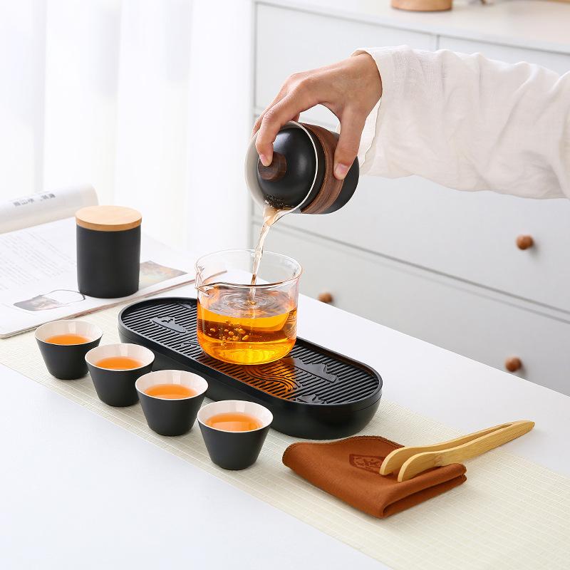 Ceramic coarse pottery portable travel tea set, small outdoor express cup souvenir business gift