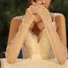 Wedding Tulle Gloves Pearls Studded Full Finger Gloves Elbow Length Gloves for Wedding Engagement Bachelorette Party