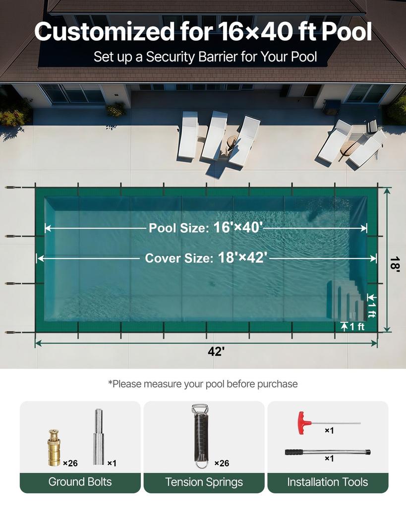 Pool Safety Cover 18x42ft, Inground Pool Cover fit for 16x40 ft Pool, Rectangle Inground Safety Pool Cover Green Mesh Solid Pool Safety Cover for