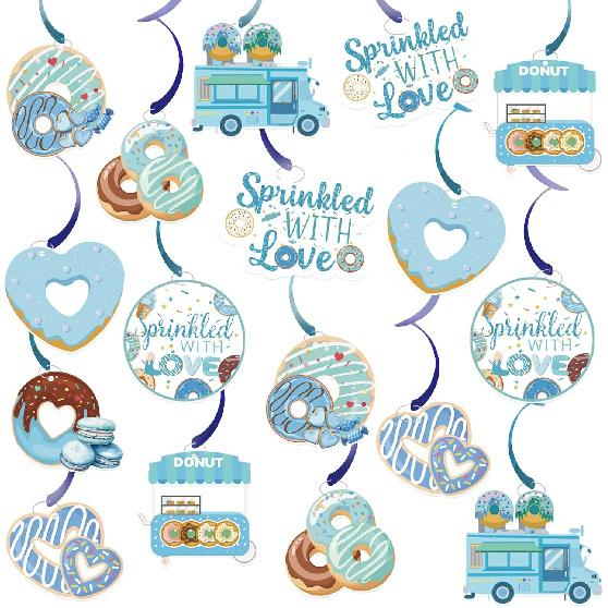 Baby Sprinkle Decorations For Boy, Baby Boy Shower Decorations, 18 Pcs Sprinkled with Love Baby Shower Donut Hanging Swirls, Baby Sprinkle