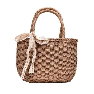 Women Rattan Bucket Handmade Woven Straw Bag New Stle Ribbon Crossbody Bags