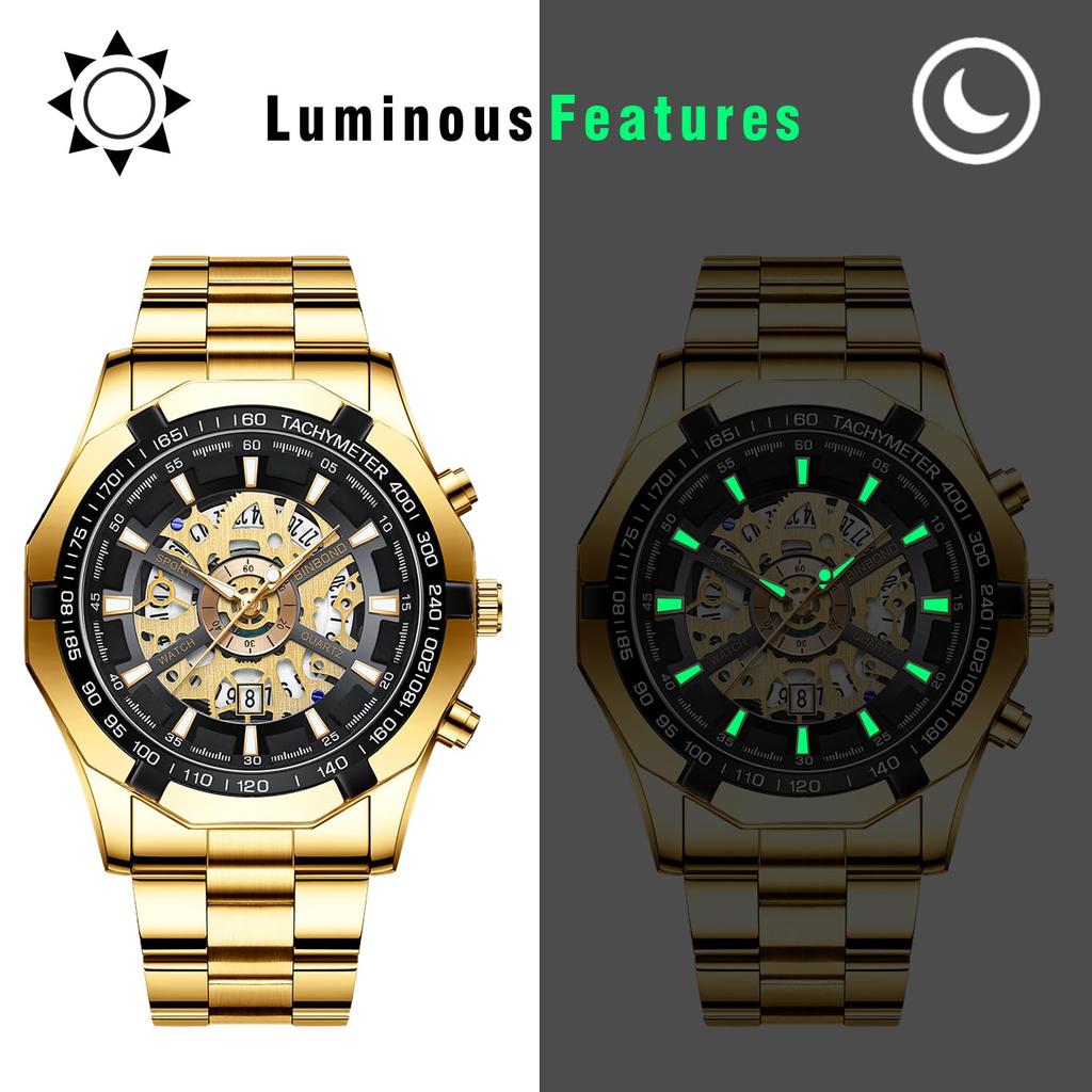 Gold Watch with 3ATM Water Luminous Analog Stainless Stylish Quartz and Gold A Perfect Gift for or Your Boyfriend Men's Calendar, Resistance, Display,