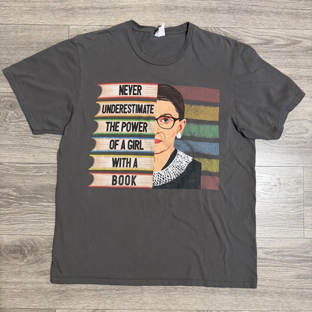 100% Cotton RBG Never Underestimate A Girl With A Book Graphic Tee Gray L