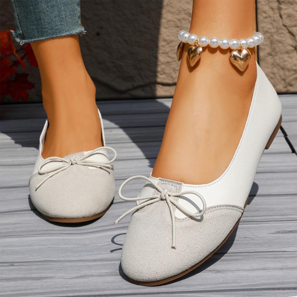 Women Round Toe Slip On Bow Accent Low Cut Casual Flats Lightweight Soft Sole Comfortable Walking Shoes