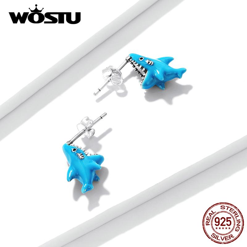 WOSTU 2021 925 Sterling Silver Funny Blue Animal Shark Stud Earrings For Women Fashion Jewelry Gift CTE563