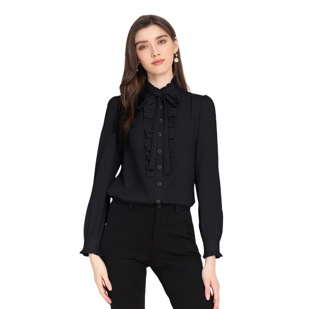 VOZZA Ruffled High Neck Long Sleeve Chiffon Dress Open Solid White Perfect for Entrance and More Women's Shirt, No-Iron, Collar, Stand-Up Collar,