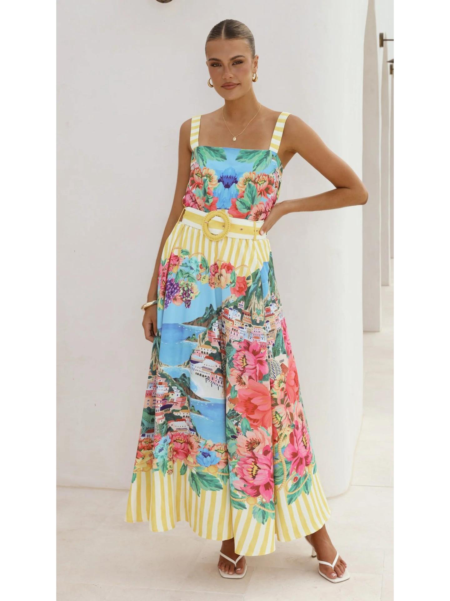 2025 Casual Fashion Linen Spaghetti Strap Maxi Dress Small