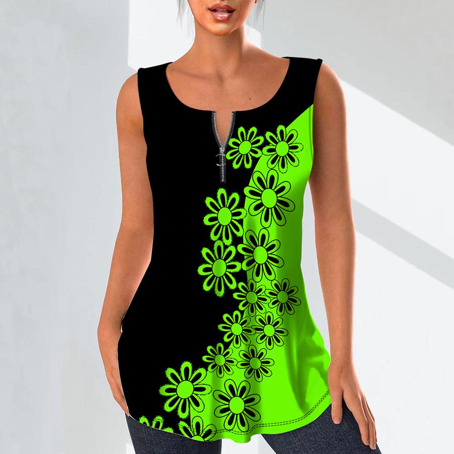 Women's Fashion V Neck Shirts Casual Tops T-shirt Ladies 3D Graffiti Flowers Print Vest Plus Size Sleeveless Blouse Tank Tops