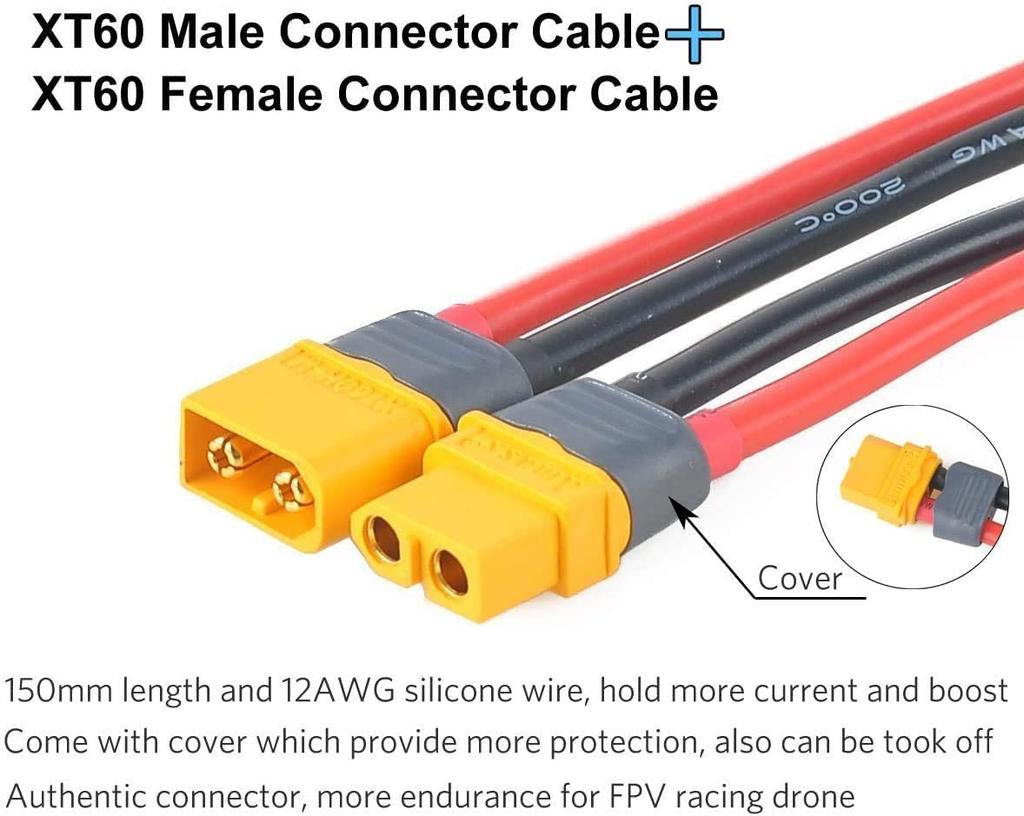 2 Pairs XT60 Male-Female Connectors with 150mm 12AWG Wire | Gold-Plated for High Conductivity | Ideal for LiPo Battery FPV Drone | Yellow, Plastic