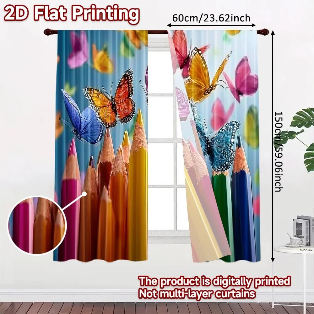 Flat Printing Window Treatment Curtains Colorful Butterflies Pencils Digital Printed Polyester Drapes Family Party Curtain Set Of 2 Made Washable