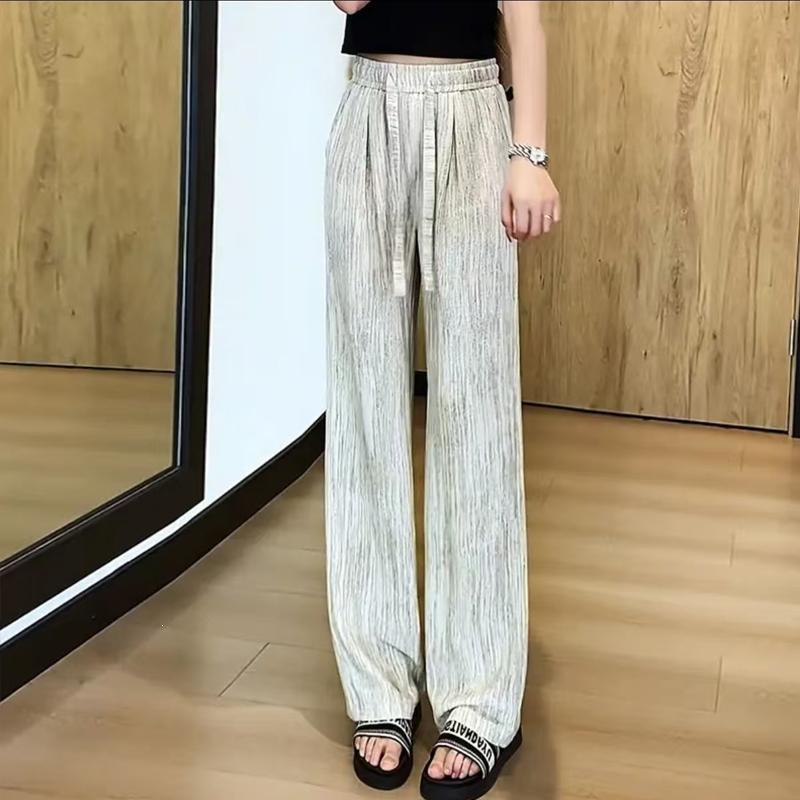 Women's Tie-Dye Ice Silk Wide-Leg Pants: High-Waisted, Drawstring, Casual Floor-Length for Spring/Summer.