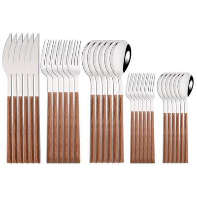 Set de tacâmuri din oțel inoxidabil 6 buc/30 buc Set de tacâmuri cu mâner din lemn imitație Vesele de masă Cuțit Furculiță Lingură de ceai Ustensile de mâncat