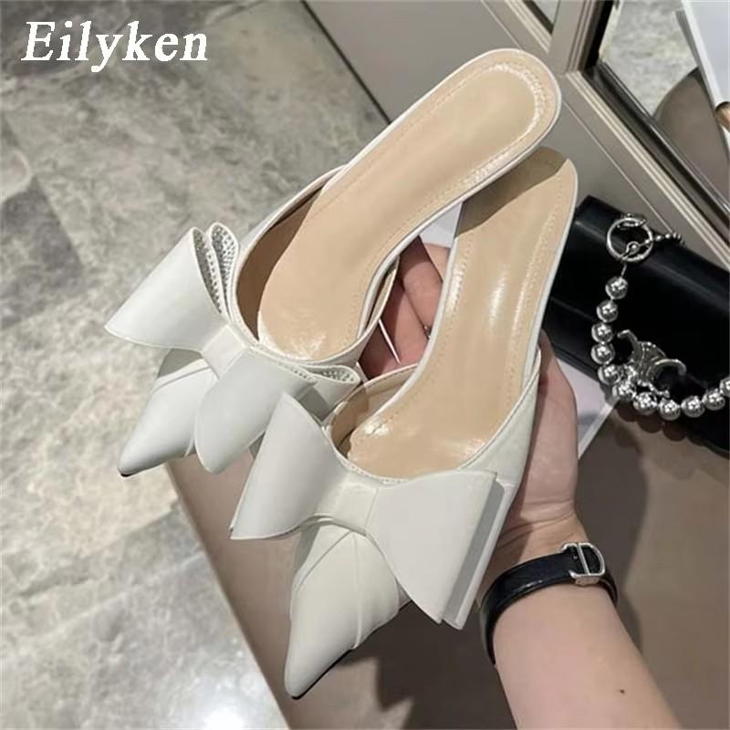 

Модные женские шлепанцы Eilyken из шелкового атласа с острым носком, модные мюли с неглубоким вырезом и бантом-бабочкой, на низком и высоком каблуке, обувь-слайды 35 белый