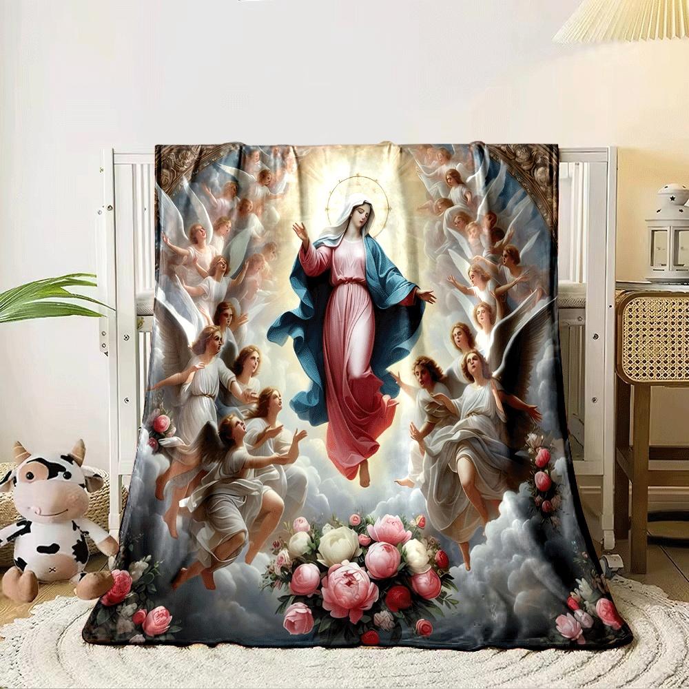 Central figure ascending surrounded by angels, clouds, and vibrant flowers. for all seasons blanket lunch break throw gift 80cm x 120cm