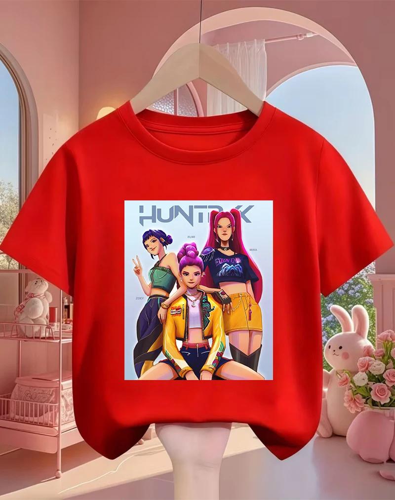 Lovely Cute Kpop Demon Hunters Pattern Kids T Shirt Soft Lightweight Short Sleeve Daily School Casual Round Neck Apparel