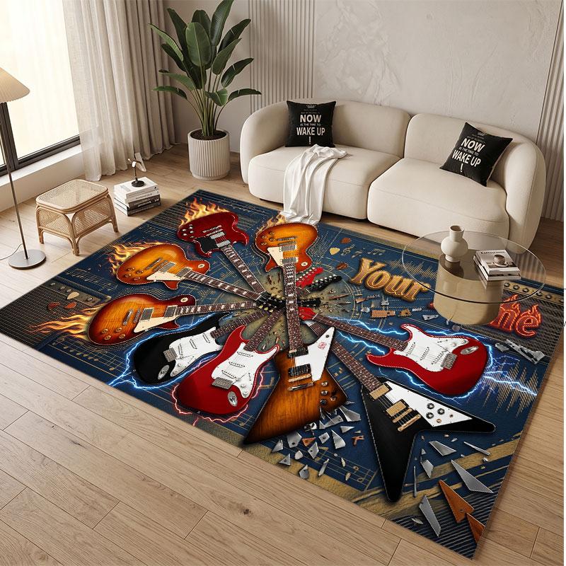 Music Guitar Theme Soft Crystal Velvet Rug Custom Name & Text Print Non Slip Floor Rug for Bedroom Living Room