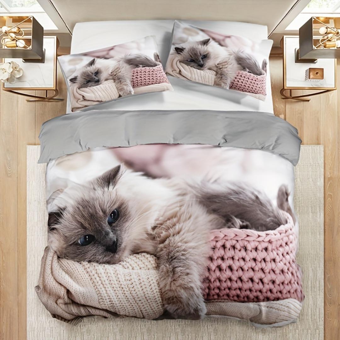 

3pcs Fashion Bedding Set Classic Cute Cat Print Comfortable Duvet Cover King Queen Twin Single Size Bithday Gift Room for Sister EU Single 135x200cm