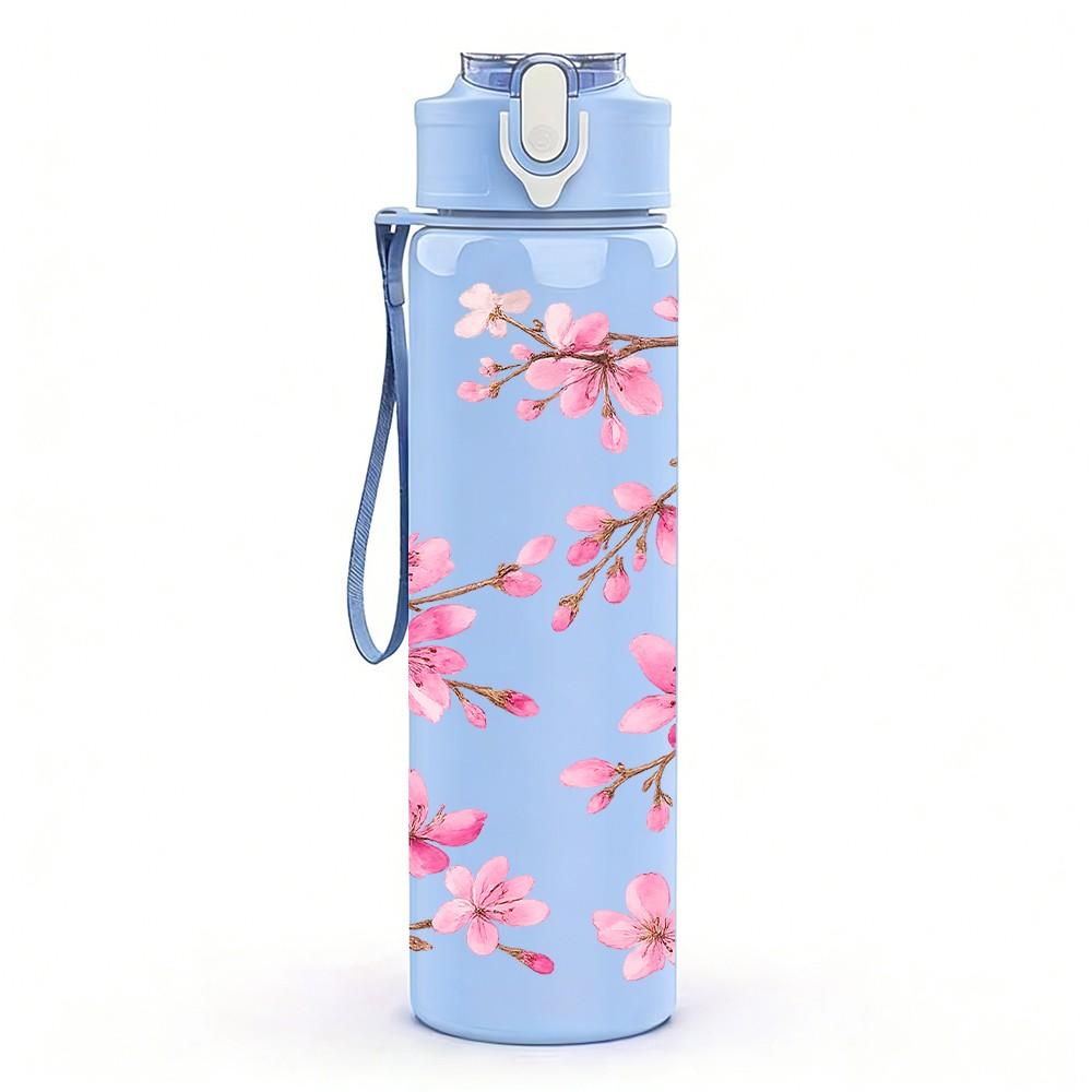 1PC Pink Cherry Blossom Floral Print 750ml Color Plastic Sports Water Bottle Leakproof Flip Straw Lid Suitable for Sports Office Home Use