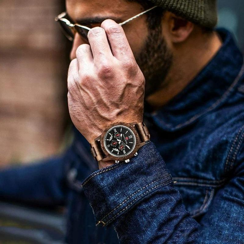 Men Natural Walnut Wood Watch Multifunctional Chronograph Quartz Wristwatch Roman Numeral Dial Sport Wooden Band Watch