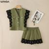VONDA 2PCS Summer Women Sleeveless Lace Splicing Tank Tops and Shorts Pants Casual Sets