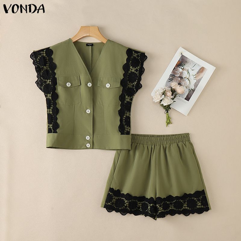 VONDA 2PCS Summer Women Sleeveless Lace Splicing Tank Tops and Shorts Pants Casual Sets
