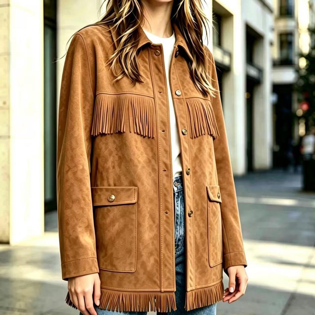 Women's Western Lapel Single-Breasted Mid-Length Casual Jacket for Fall and Winter