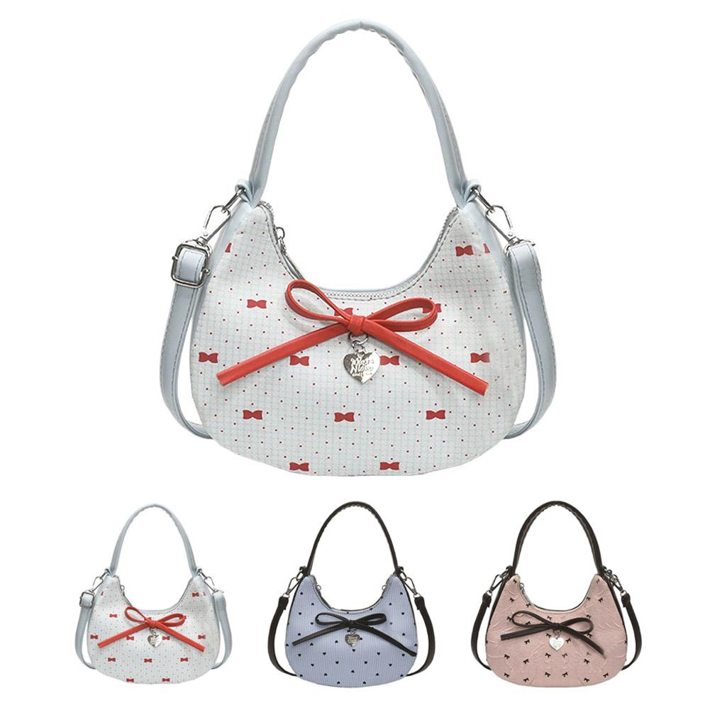 Fashion Bow Handbag for women Sweet Print Metal heart Pendant Underarm pouch Single shoulder Commuting Hand-held Crossbody bag