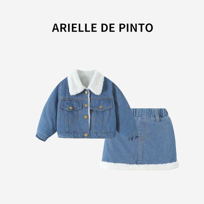 French Arielle De Pinto Girls  Suit Autumn and Winter Fashion Stylish Rabbit Fur Denim Clothing for Girls Denim color 110cm