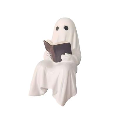 Neue Halloween sitzende Gespensterstatue mit Buch, Miniaturgröße, lesende Gespensterstatue, Harzfiguren Dekoration, Partyzubehör