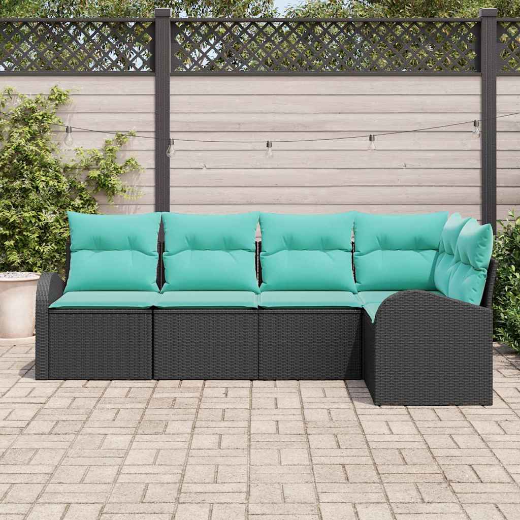 Garden Sofa Set with Cushions 5 Pieces Black and Turquoise Poly Rattan