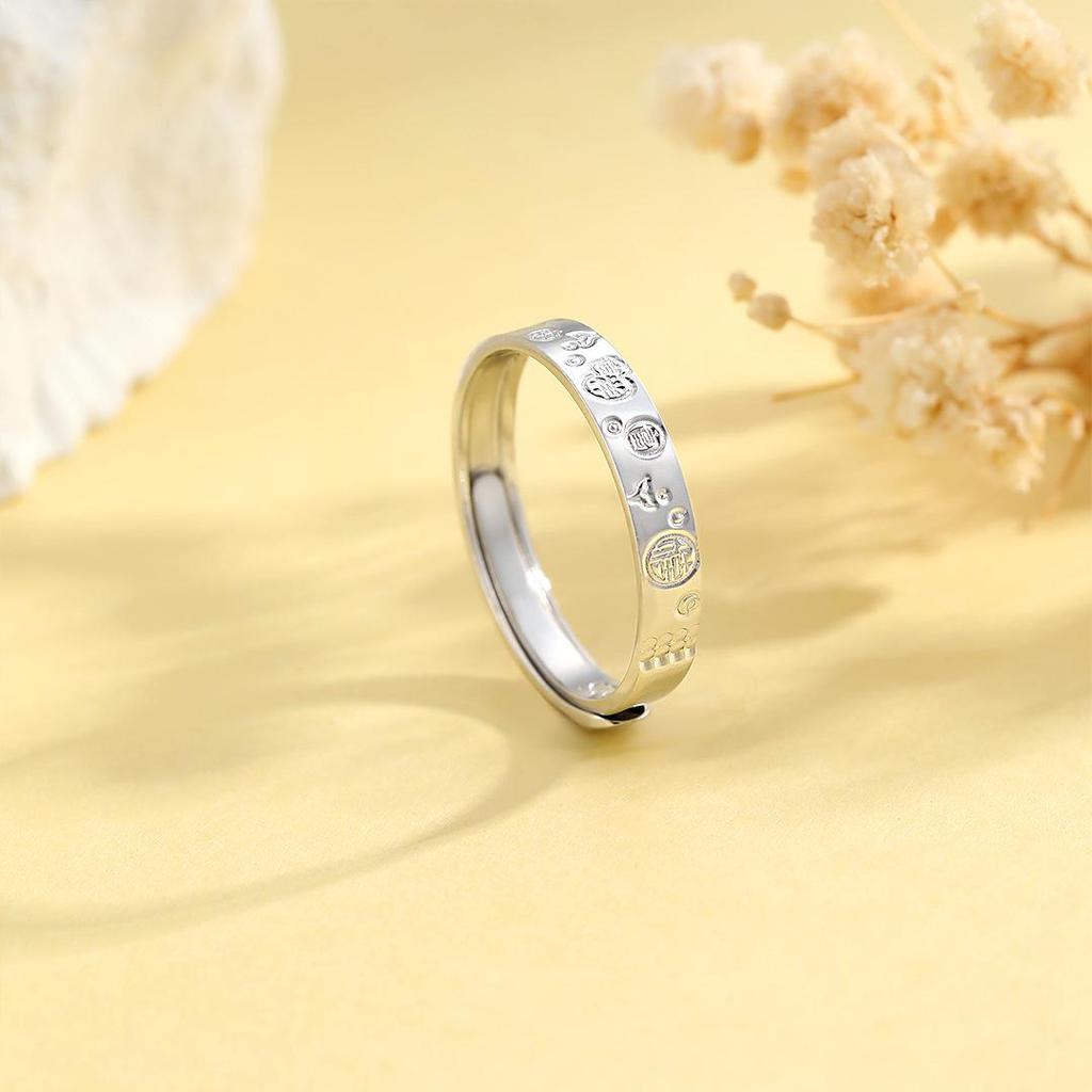 Ring für den kleinen Finger für Damen im chinesischen Stil aus S925 Sterlingsilber mit Glück verheißenden Worten - Glück & Wohlstand Offener Ring.