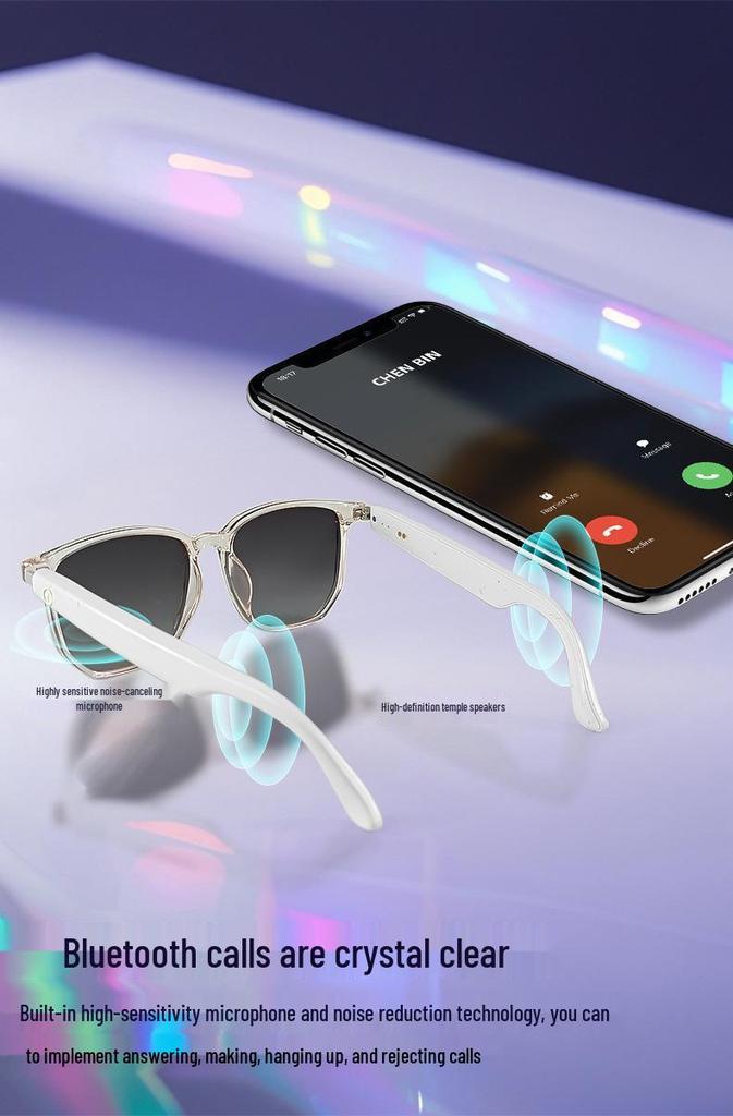 Smart Bluetooth Polarized Sunglasses with UV Protection, Anti-Blue Light, Music & Call Features, Transparent, Replaceable Lenses