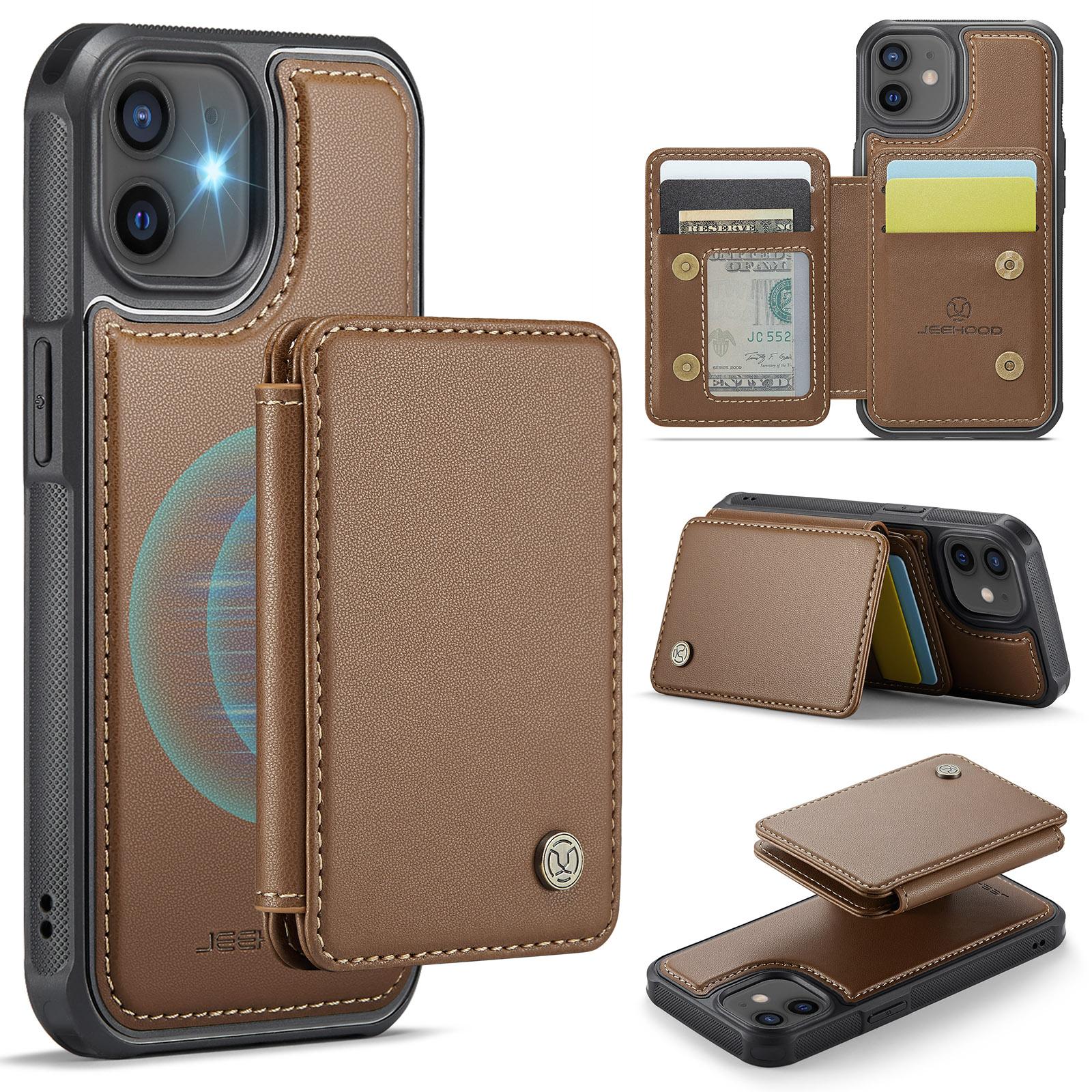 

For iPhone 12/12 Pro Case Leather Mobile Cover with Detachable Magnetic Card Bag Brown