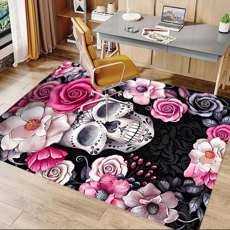 1PC Skull and Flowers Flannel Blanket Carpet Ultra Soft, Thick & Absorbent, Non Slip Machine Washable Mat for Entryway