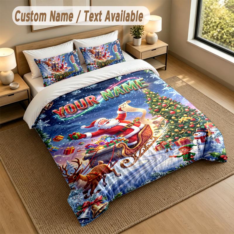 Christmas Theme Personalized 3Pcs Bedding Set Custom Text & Name 1 Sheet 2 Pillowcases Household Bedding 1pc