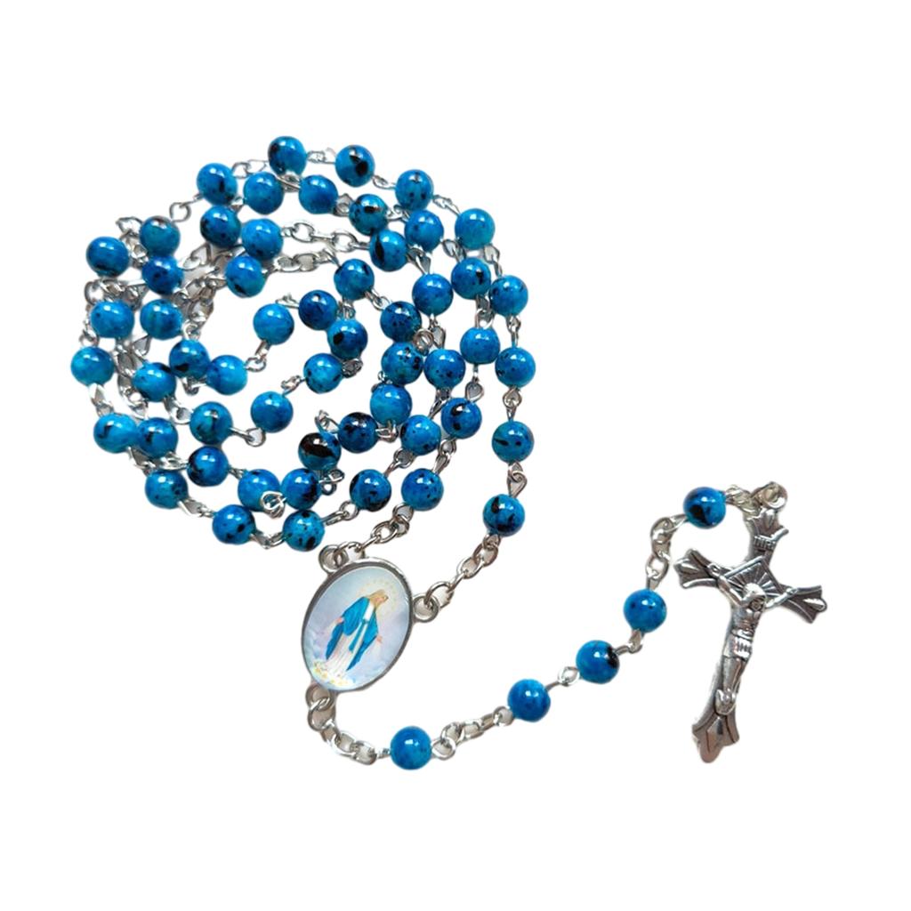 Handmade Round Glass Bead Catholic Rosary Necklace Cross Pendant Religious Necklace Long Chain Choker Player Religious