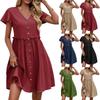 Women's V Neck Short Sleeve A-Line Dress Loose Fit Mid Rise Elegant Casual Midi Shirt Dress