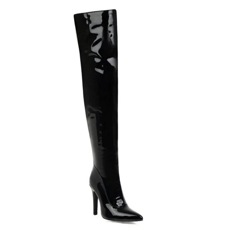 Women Boots Over The Knee Sexy Fashion Boot 10.5CM Stiletto New Patent Leather Side Zipper Pole Dance Nightclub White Women Shoe