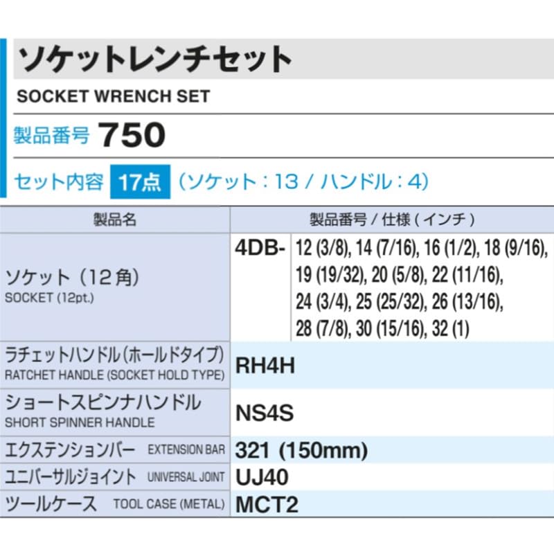 TONE 750 Socket Wrench Includes 17 Pieces Set, 12.7mm (1/2") Drive, Silver,