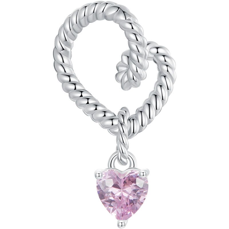 WOSTU Real 925 Silver Pink Heart Charms Clips Spacer Bead Opal Pendant Fit Bracelet Jewelry Make DIY Valentine Gift For Lover