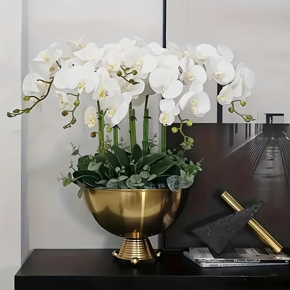1 Elegant Artificial Orchid Marble Vase with Long Stems, White Orchids, Lush Green Leaves, Realistic Low Maintenance Home Decoration for Christmas