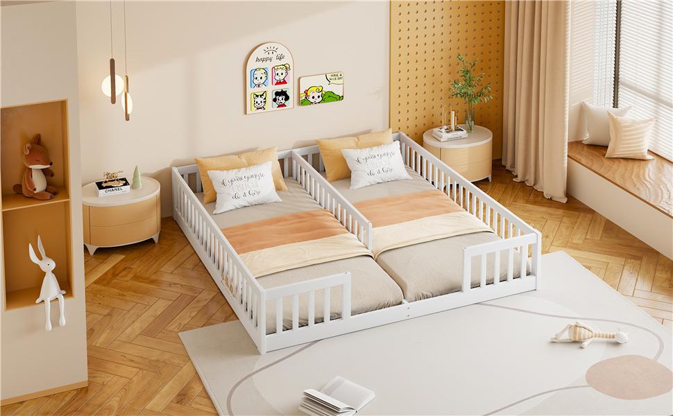Paneelbett, 90 x 200 cm, Kinderbett mit Rausfallschutz, Ohne Lattenrost (ohne Matratze), für Familien mit zwei Kindern, Kiefernholz, Weiß