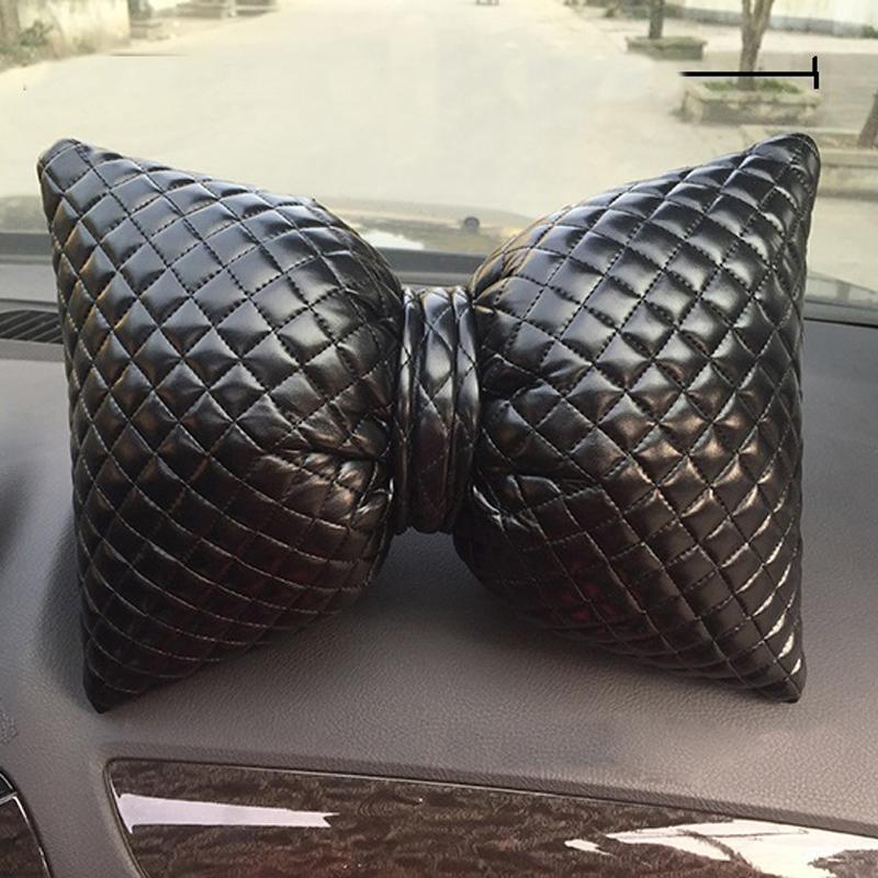 Classic Bowknot PU Leather Car Neck Pillow Waist Support Pillows Auto Seat Headrest Cover Car Accessories for Women Girls