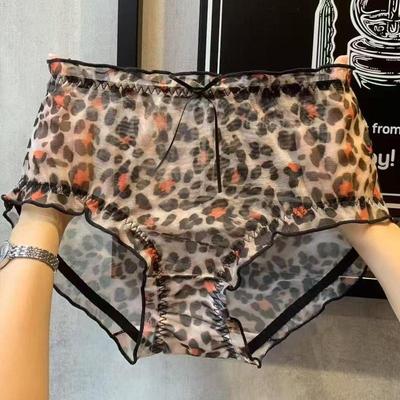 Leopard Print Plus Size Mesh Panties - Sexy, Breathable, Mid-Waist, Transparent Triangle Design